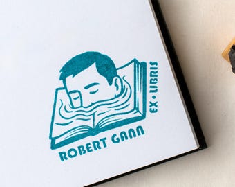 Custom Ex Libris Book Stamp, Boy Peeking From Book Block Print | Personalized Bookplate