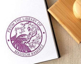 Custom Birds and Flowers Book Stamp - Personalized Library Wood Mounted Rubber Stamp - From the Library of - Couple Library Ex Libris