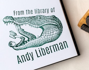 Custom Book Stamp, Man Reading in Crocodile Engraving | Personalized Library Bookplate