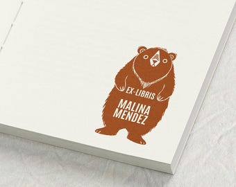 Custom Book Stamp, Standing Grizzly Bear | Personalized Library Bookplate