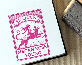 Custom Ex Libris Woman on Cheetah Book Stamp, Book Lover Birthday Gift for Her, Personalized Library Stamp, Dark Academia Rubber Stamps