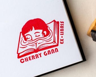 Custom Ex Libris Book Stamp, Girl Peeking From Book Block Print | Personalized Bookplate