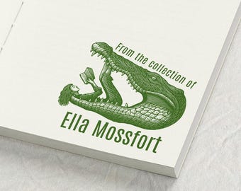 Custom Book Stamp, Girl Reading in Crocodile Engraving | Personalized Library Bookplate