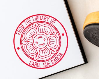 Custom Ex Libris Book Stamp, Floral Design Stamp, Personalized Library Rubber Stamper, Book Lover Bibliophile Gift for Him or Her