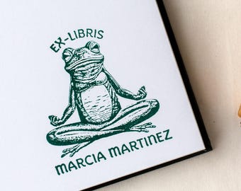 Custom Ex Libris Book Stamp, Meditating Frog Engraving | Personalized Library Bookplate