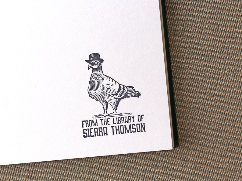 Custom Ex Libris Book Stamp, Pigeon With Hat, Personalized From the Library of Rubber Stamp, Book Lover Gift, Human Animals Illustration image 8