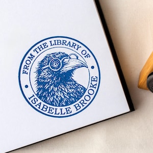 Sello personalizado para libros, sello de biblioteca con forma de cuervo con gafas, sello gótico Dark Academia personalizado de la biblioteca de, idea de regalo para amantes de los libros Ex Libris