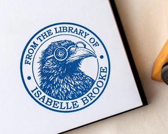 Custom Book Stamp, Crow with Glasses Library Stamp, Personalized Dark Academia Gothic From the Library of,  Ex Libris Book Lover Gift Idea