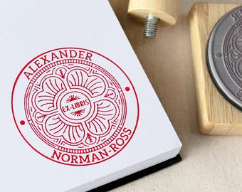 Carimbo personalizado Ex Libris, carimbo com design floral, carimbo de borracha personalizado para biblioteca, presente para bibliófilo amante de livros para ele ou ela