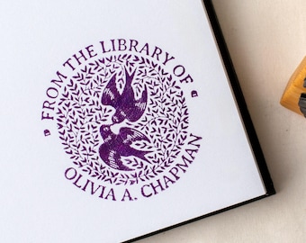 Custom Doves Botanical Book Stamp – Personalized Ex Libris Stamp, Cottagecore Wedding Gift