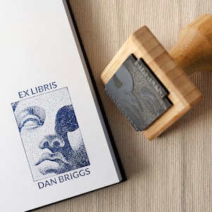 Custom BOOK STAMP with name - Ex Libris Custom LIBRARY Rubber Stamp -  Personalized Sculpture Image Wood Mounted Stamper - Book Lover Gift