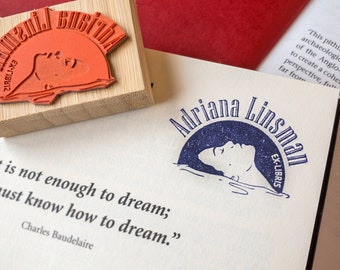 BOOK STAMP - Ex Libris Custom LIBRARY Stamp - Dream Rubber Stamp -  Personalized Wood Mounted Stamper - Book Lover Gift