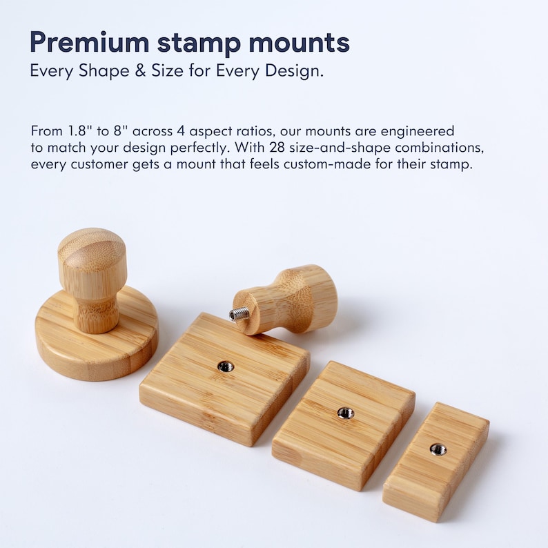 Premium bamboo wood stamp mounts  and wood stamp handle in multiple shapes and sizes showing round and rectangular custom rubber stamp bases for professional business branding
