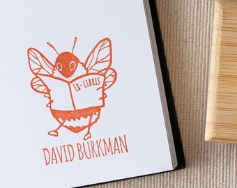 Custom Ex Libris Bee Reading Book Stamp, Personalized Library Rubber Stamps, Book Lover Gift for Him or Her, Cute Custom Name Book Stamp