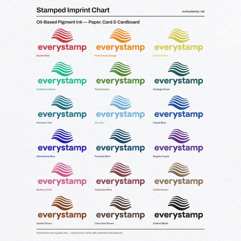 May include: A Stamped Imprint Chart for oil-based pigment ink on paper, card, and cardboard. The chart displays fifteen colour samples, each featuring a wave graphic above the text everystamp and the specific colour name below.