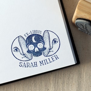Custom Ex Libris Book Stamp - Celestial Moon Skull Rubber Stamp - Personalized Library Name Stamp - Whimsical Esoteric Book Lover Gift Idea
