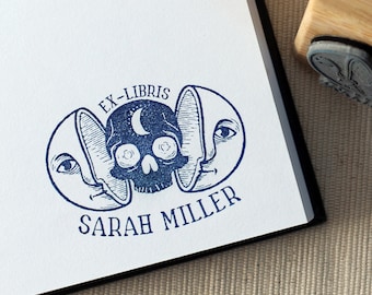 Custom Ex Libris Book Stamp - Celestial Moon Skull Rubber Stamp - Personalized Library Name Stamp - Whimsical Esoteric Book Lover Gift Idea