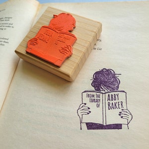 Custom Ex Libris Book Stamp, Woman Reading Library Book, Personalized Library Rubber Stamper, Book Lover Bibliophile Gift for Him or Her