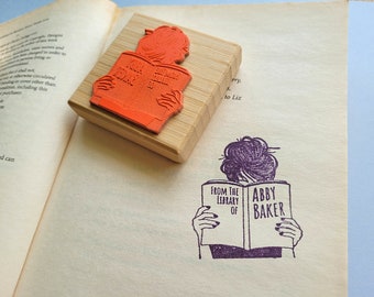 Custom Ex Libris Book Stamp, Woman Reading Library Book, Personalized Library Rubber Stamper, Book Lover Bibliophile Gift for Him or Her