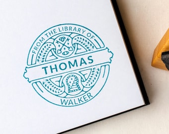 Custom Ex Libris Book Stamp, Family Library Stamp, Personalized Library Rubber Stamper with Ink Pad, Book Lover Bibliophile Gift