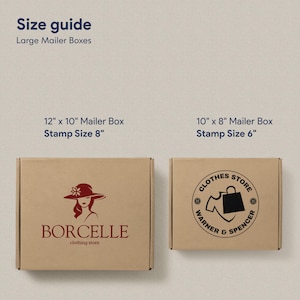 Custom logo stamp size guide showing 8 inch and 6 inch stamp impressions on large kraft mailer boxes for clothing boutique, hair salons and fashion brand packaging