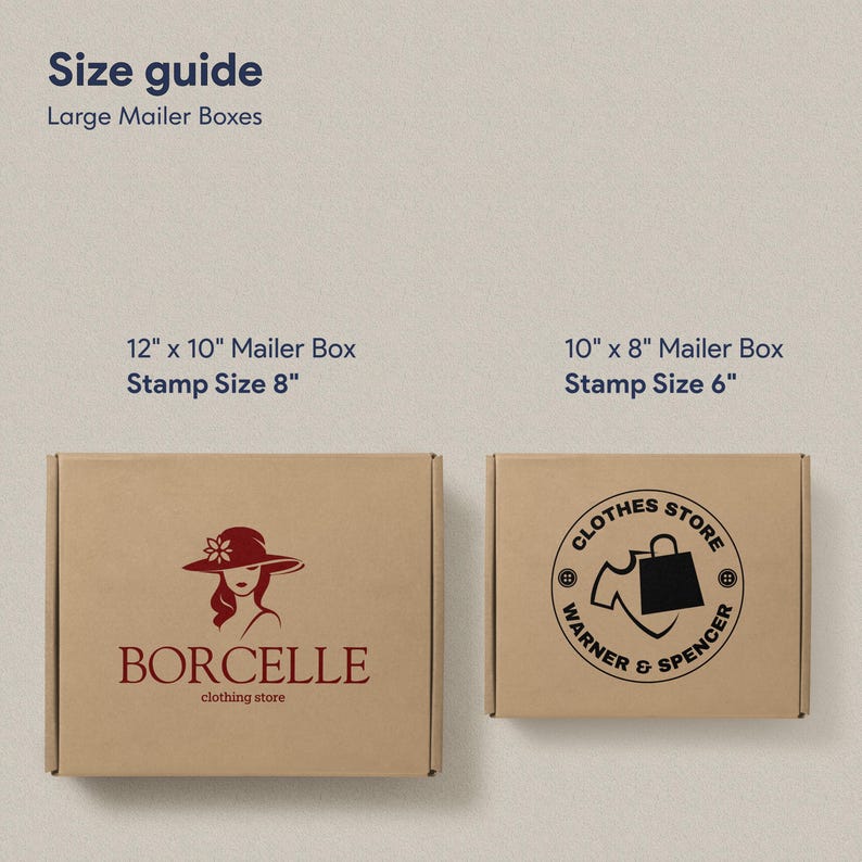 Custom logo stamp size guide showing 8 inch and 6 inch stamp impressions on large kraft mailer boxes for clothing boutique, hair salons and fashion brand packaging