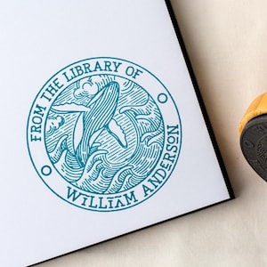 Custom Library Stamp, Whale and Waves Engraving, Personalized Bookplate, Book Lover Gift, Ocean  Rubber Stamp, Nautical Gift, Ex Libris