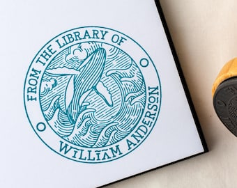 Custom Library Stamp, Whale and Waves Engraving, Personalized Bookplate, Book Lover Gift, Ocean  Rubber Stamp, Nautical Gift, Ex Libris