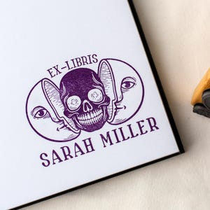 Custom Ex Libris Book Stamp: Celestial Moon Skull, Personalized Library Stamp