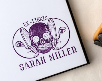 Custom Ex Libris Book Stamp: Celestial Moon Skull, Personalized Library Stamp