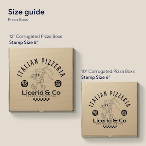 Custom logo stamp size guide showing 8 inch stamp on 12 inch corrugated pizza box and 6 inch stamp on 10 inch pizza box for restaurant branding