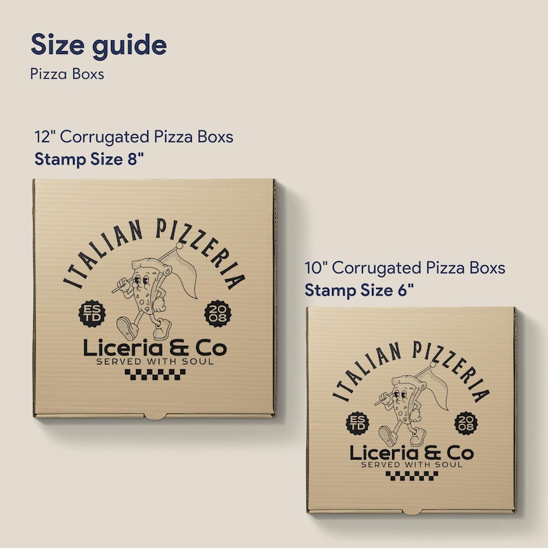 Custom logo stamp size guide showing 8 inch stamp on 12 inch corrugated pizza box and 6 inch stamp on 10 inch pizza box for restaurant branding