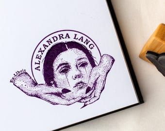 Custom Ex Libris Gothic Book Stamp, Dark Academia Stamp of a Head, Personal Library Stamp, Book Stamp Lover Gift, Customizable Name Stamp