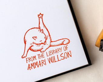Custom Cat Book Stamp, Grooming Kitten Line Art | Personalized Library Bookplate