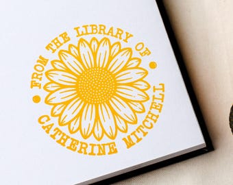 Custom Ex Libris Book Stamp, Sunflower Personal Stamp, Personalized Library Rubber Stamper, Book Lover Bibliophile Gift for Him or Her