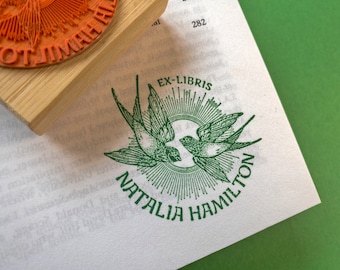 Custom Ex Libris Book Stamp, Two Swallow Birds & Sun Rays, Personalized Library Rubber Stamper, Book Lover Bibliophile Gift for Him or Her