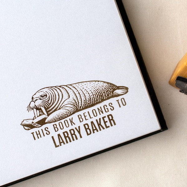 Custom Library Stamp • Walrus Reading Book • Personalized Rubber Stamp • Book Lover Gift Ideas • Bookworm Birthday Gifts • Book Accessories
