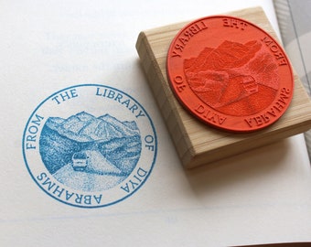 Custom Ex Libris Book Stamp - Personalized Dark Academia Library Rubber Stamp - Stippling Mountain Scene - Book Lover Gift Stamper