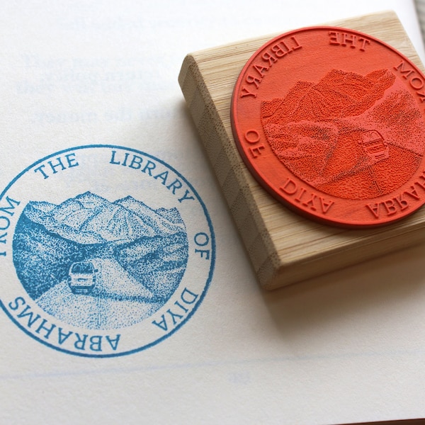 Custom Ex Libris Book Stamp - Personalized Dark Academia Library Rubber Stamp - Stippling Mountain Scene - Book Lover Gift Stamper