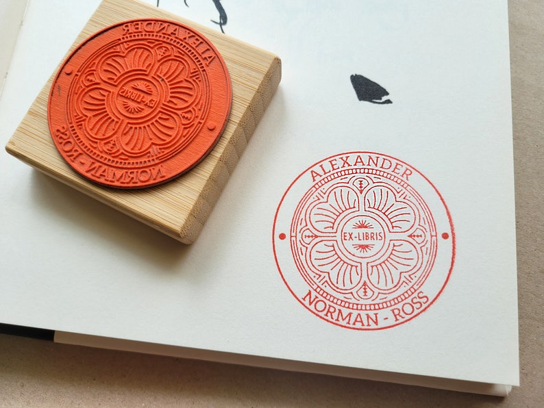 Custom Ex Libris Book Stamp, Floral Design Stamp, Personalized Library Rubber Stamper, Book Lover Bibliophile Gift for Him or Her image 1