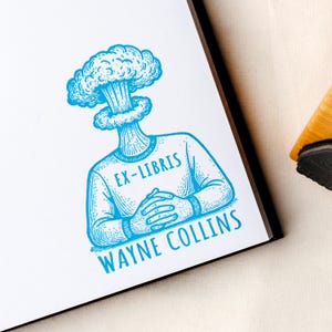 Custom Ex Libris Book Stamp, Mushroom Cloud Head Engraving | Personalized Surrealist Bookplate