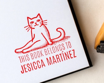 Custom Cat Library Stamp · Personalized Library Stamp · Wood Mounted Rubber Stamp with Handle · Cat Lover Teacher Gift · Cute Cat Book Stamp