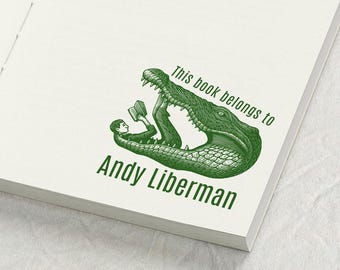 Custom Book Stamp, Man Reading in Crocodile Engraving | Personalized Library Bookplate