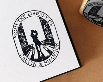 Custom Retro Couple Library Stamp, Wood Mounted Book Stamps, Dark Academia, Bookish Couple Wedding Stamp, Fifties Theme Book Accessories