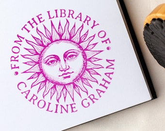 Custom Ex Libris Book Stamp, Celestial Sun Face Engraving | Personalized Round Bookplate