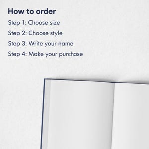 May include: Image showing the text "How to order" followed by four steps: Choose size, Choose style, Write your name, and Make your purchase. The text is in a dark blue font against a white background.