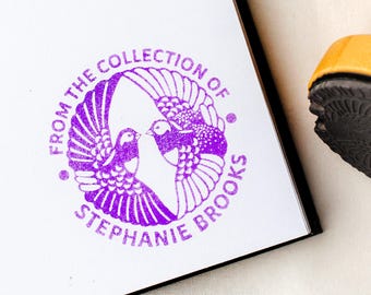 Custom Book Stamp - Two Twin Birds Round Rubber Stamp, Personal Library Stamps, Custom Ex Libris, Book Lover Birthday Gift Ideas, Book Nook