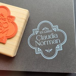 Aangepaste ex-libris-boekstempel, patroon met vier bladeren, gepersonaliseerde bibliotheekstempel, boekenliefhebber bibliofiel cadeau voor hem of haar