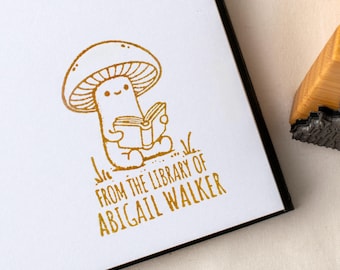 Custom Library Stamp • Mushroom Reading a Book • Personalized Name Rubber Stamp • Aesthetic Cottagecore Gift Ideas • Book Lover Gift for Her