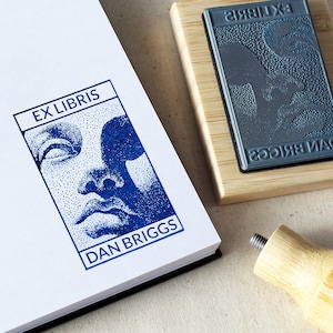 Custom BOOK STAMP with name - Ex Libris Custom LIBRARY Rubber Stamp -  Personalized Sculpture Image Wood Mounted Stamper - Book Lover Gift